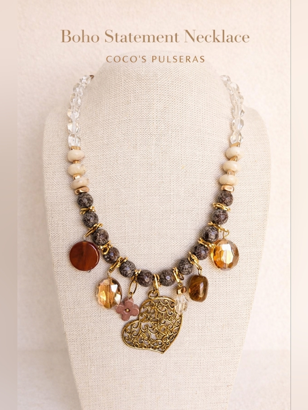Boho statement necklace featuring natural Clear quartz and Agate Beads
